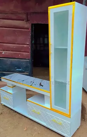 Executive Extended TV Stand - Marble Top Coating and Shelf Cabinet