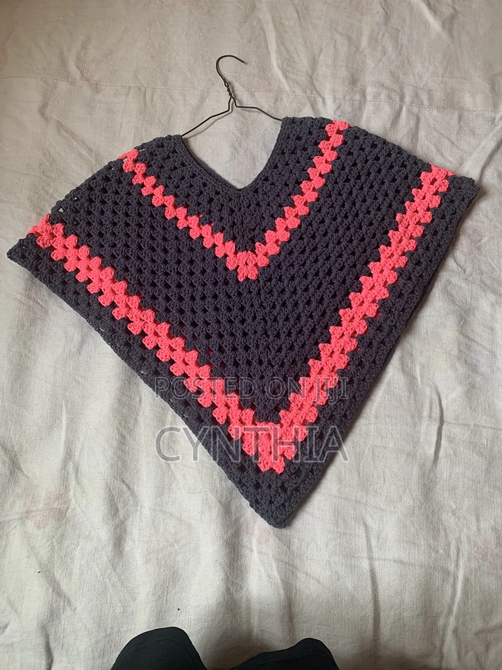 Handmade Crochet Poncho - Grey Pink