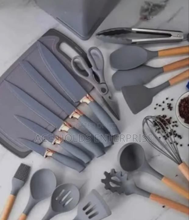 Grey or Black - 19PC Executive Silicone Spoons Set With Wooden Handle
