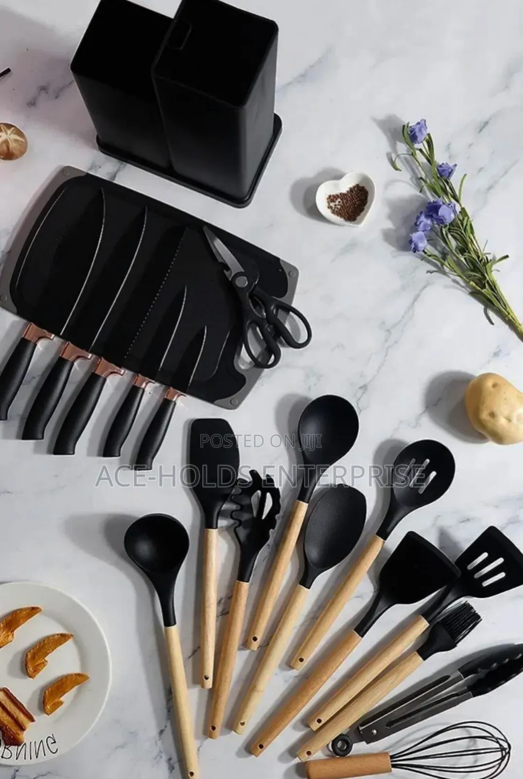 Grey or Black - 19PC Executive Silicone Spoons Set With Wooden Handle