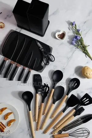 Grey or Black - 19PC Executive Silicone Spoons Set With Wooden Handle