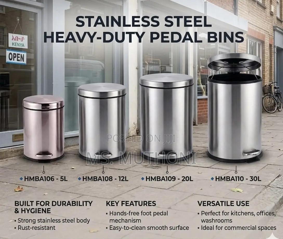 New Boxed Heavy-Duty Stainless Steel Pedal Bins ; 5L, 12L, 20L, 30L
