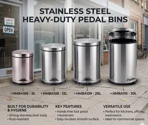 New Boxed Heavy-Duty Stainless Steel Pedal Bins ; 5L, 12L, 20L, 30L