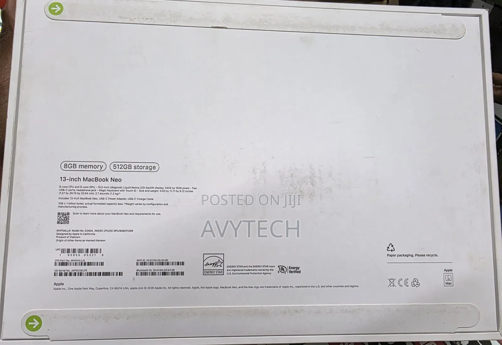 New Laptop Apple MacBook Neo 2026 8GB SSD 512GB