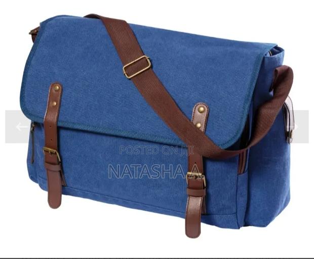 Blue Canvas Messenger Bag With Leather Straps. - thumbnail 2