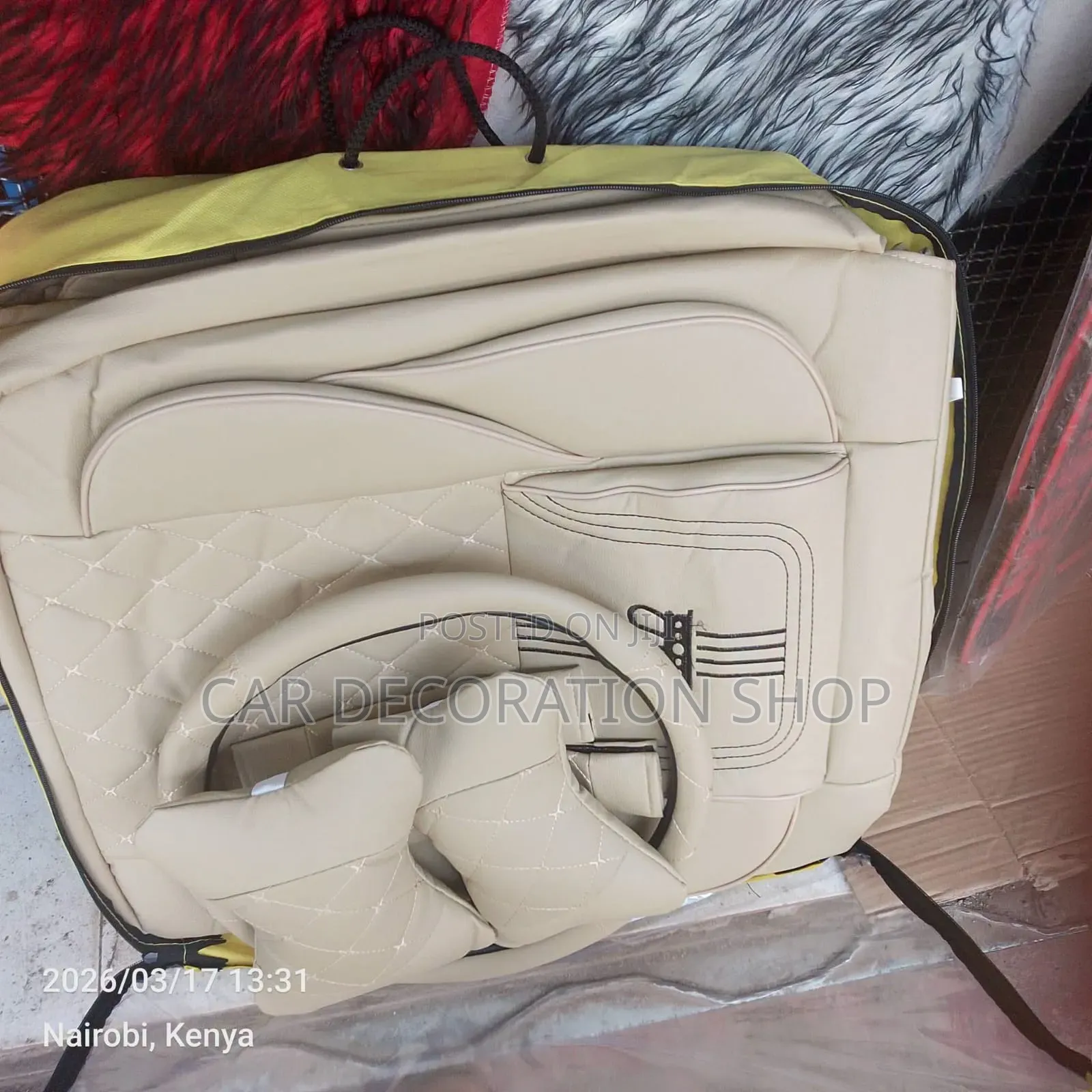 Synthetic Beije Seat Cover With Diamond Stitched Pattern With Pollow
