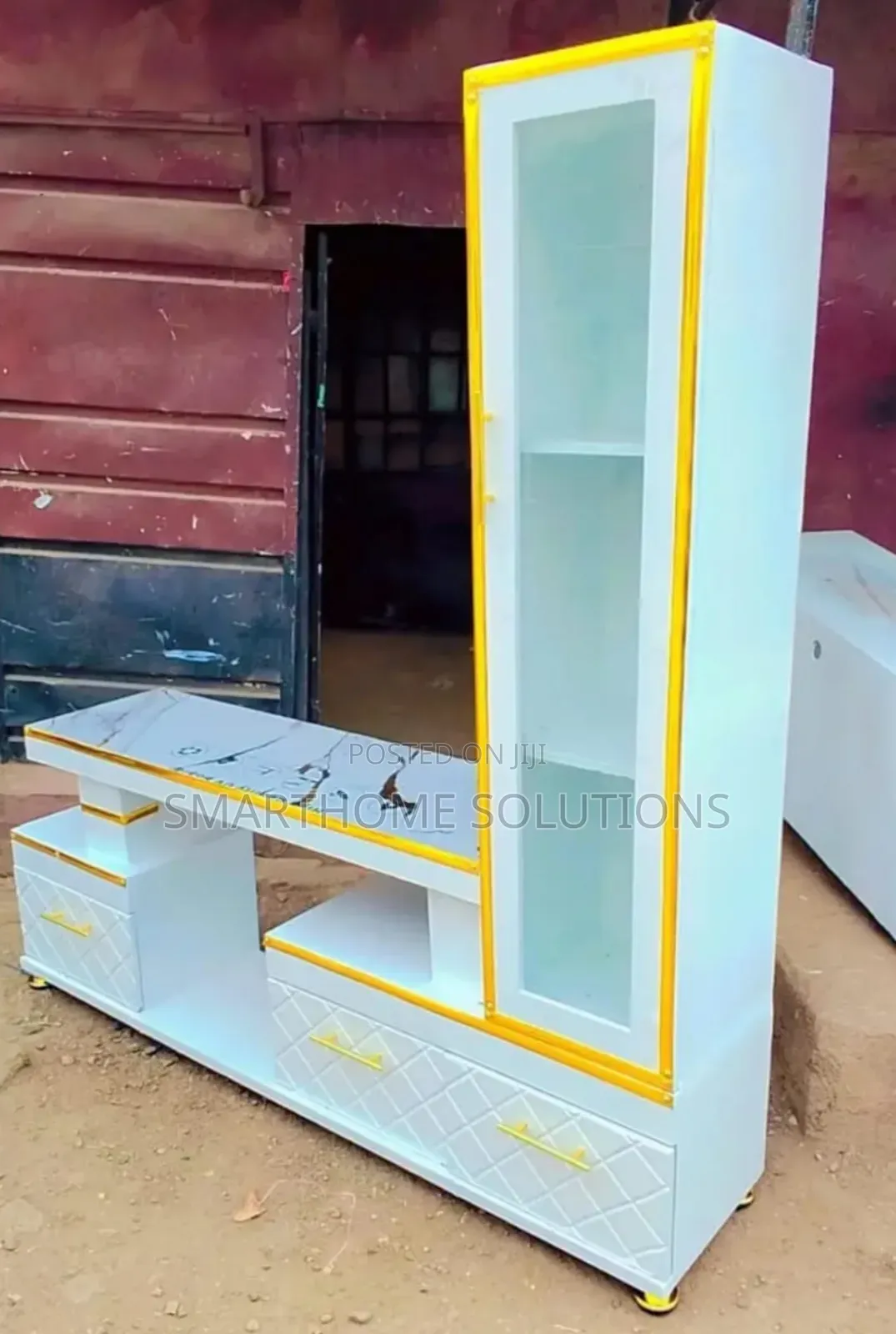 Executive Extended TV Stand With Marble Coating and Shelf Cabinet
