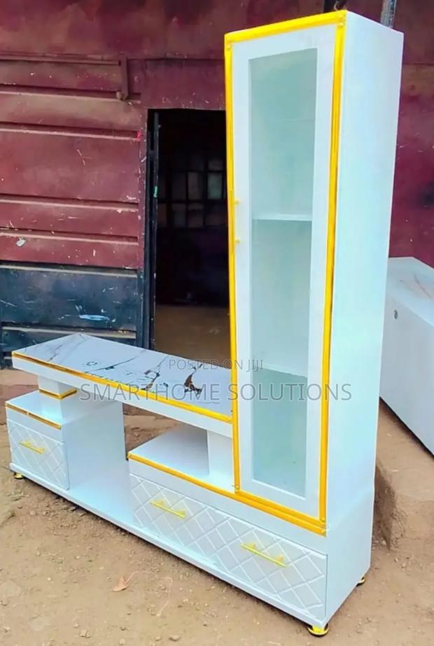 Executive Extended TV Stand With Marble Coating and Shelf Cabinet