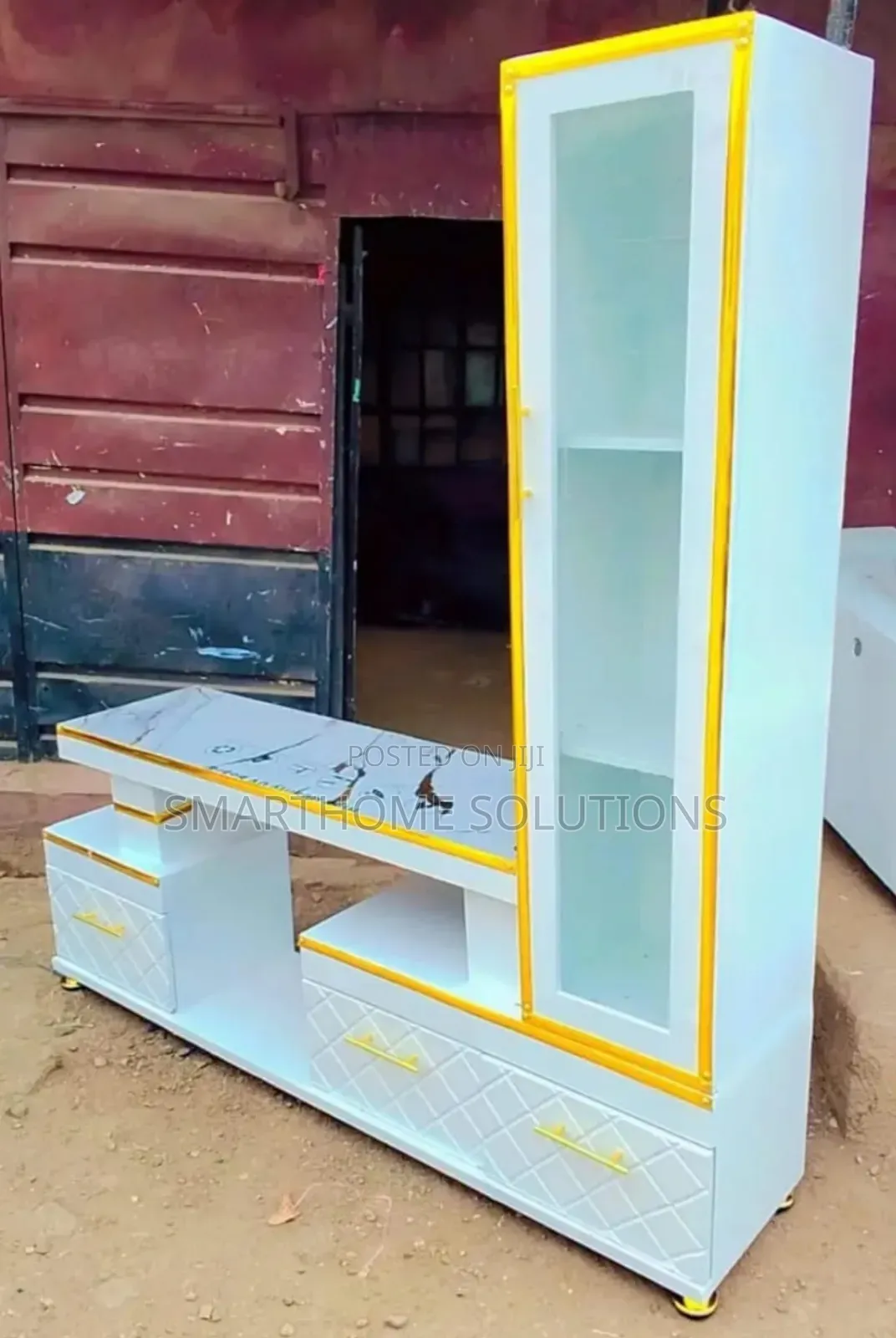 Executive Extended TV Stand With Marble Coating and Shelf Cabinet