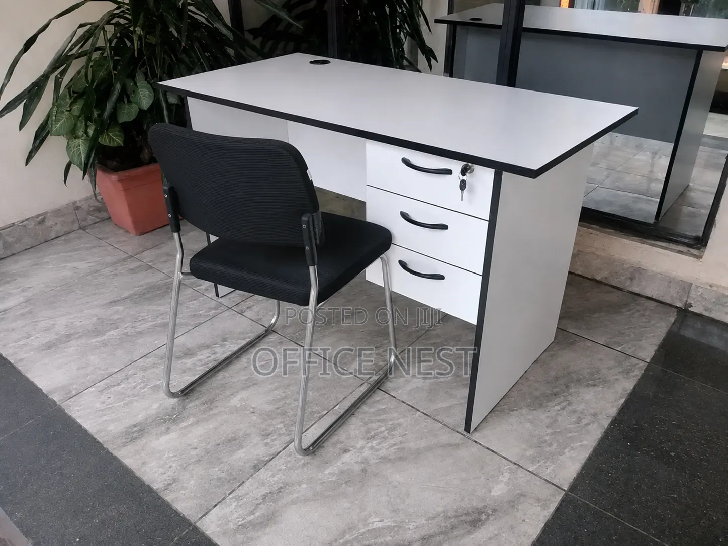 White Office Desk With 3 Drawers Visitor Chair