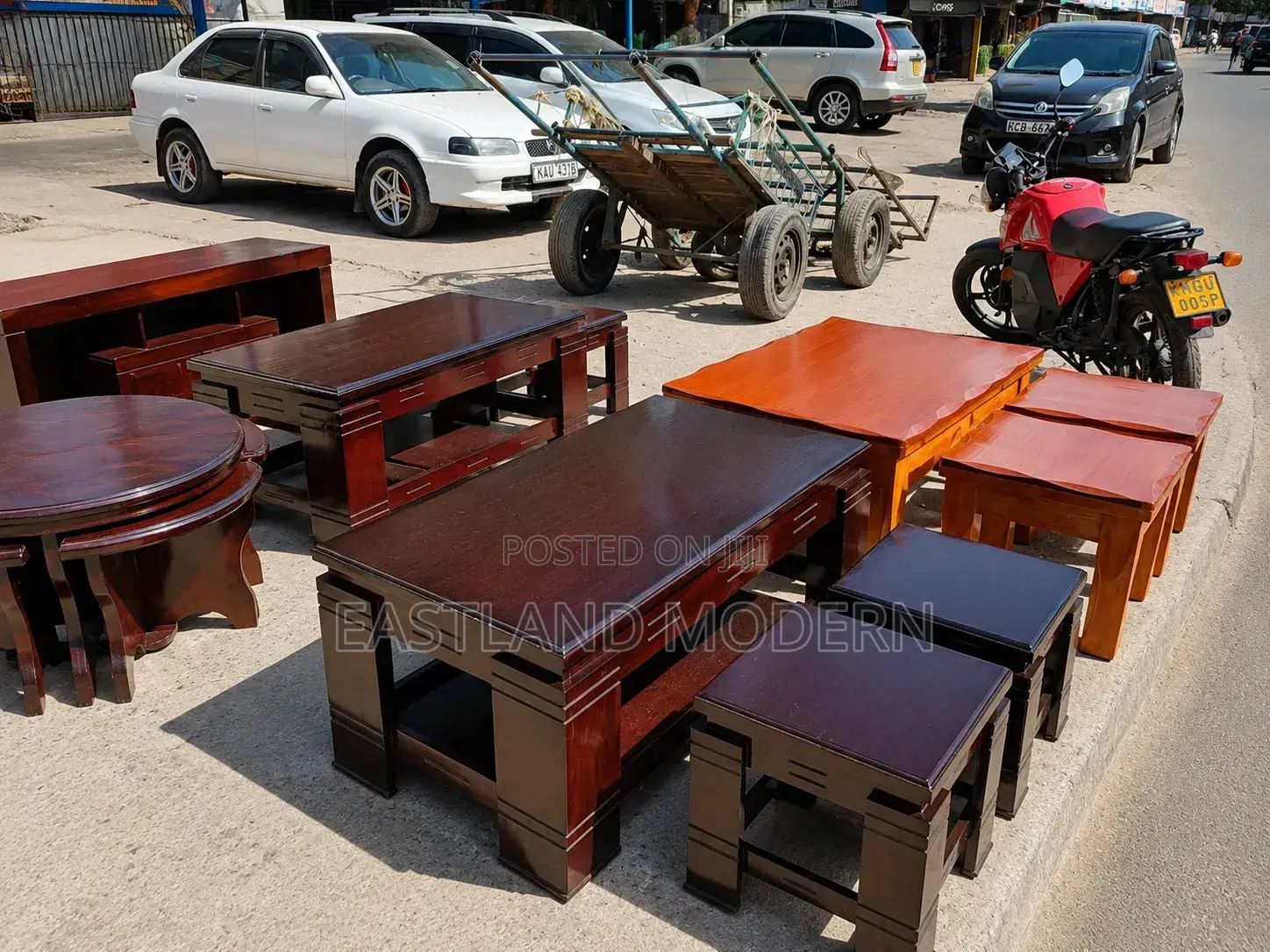 Brown Modern Wooden Coffee Table Set With Stools
