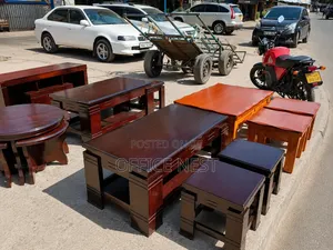 Brown Modern Wooden Coffee Table Set With Stools