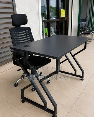 Modern Black Office Desk With Metal Frame and Headrest Chair