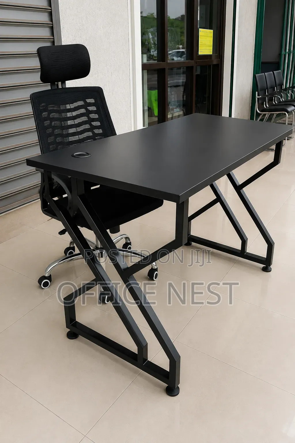 Modern Black Office Desk With Metal Frame and Headrest Chair
