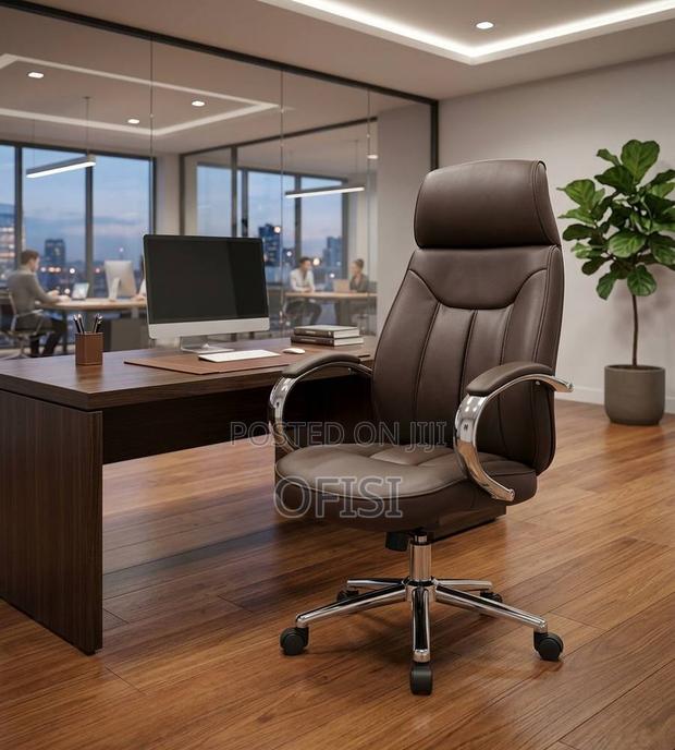 Office Chair; Brown Leather Ergonomic Chair, - thumbnail 3
