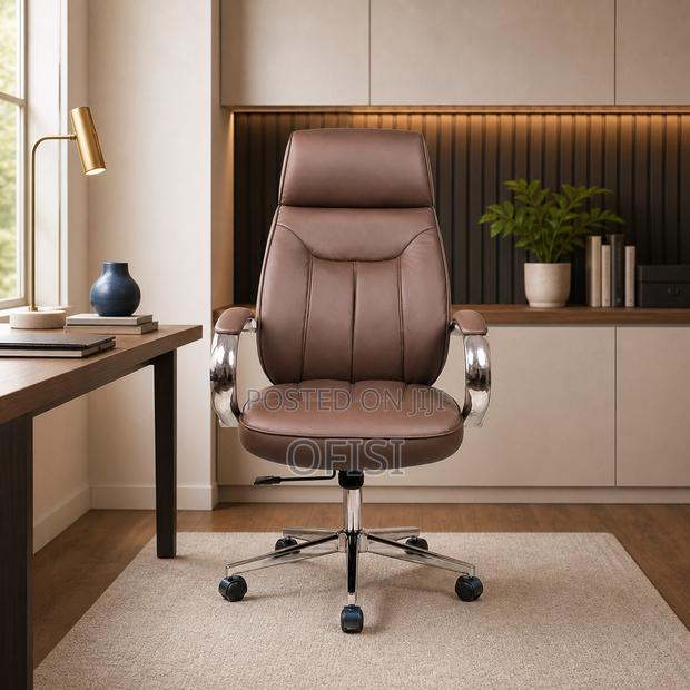 Office Chair; Brown Leather Ergonomic Chair, - thumbnail 4