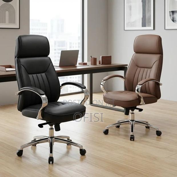 Office Chair; Brown Leather Ergonomic Chair, - thumbnail 2
