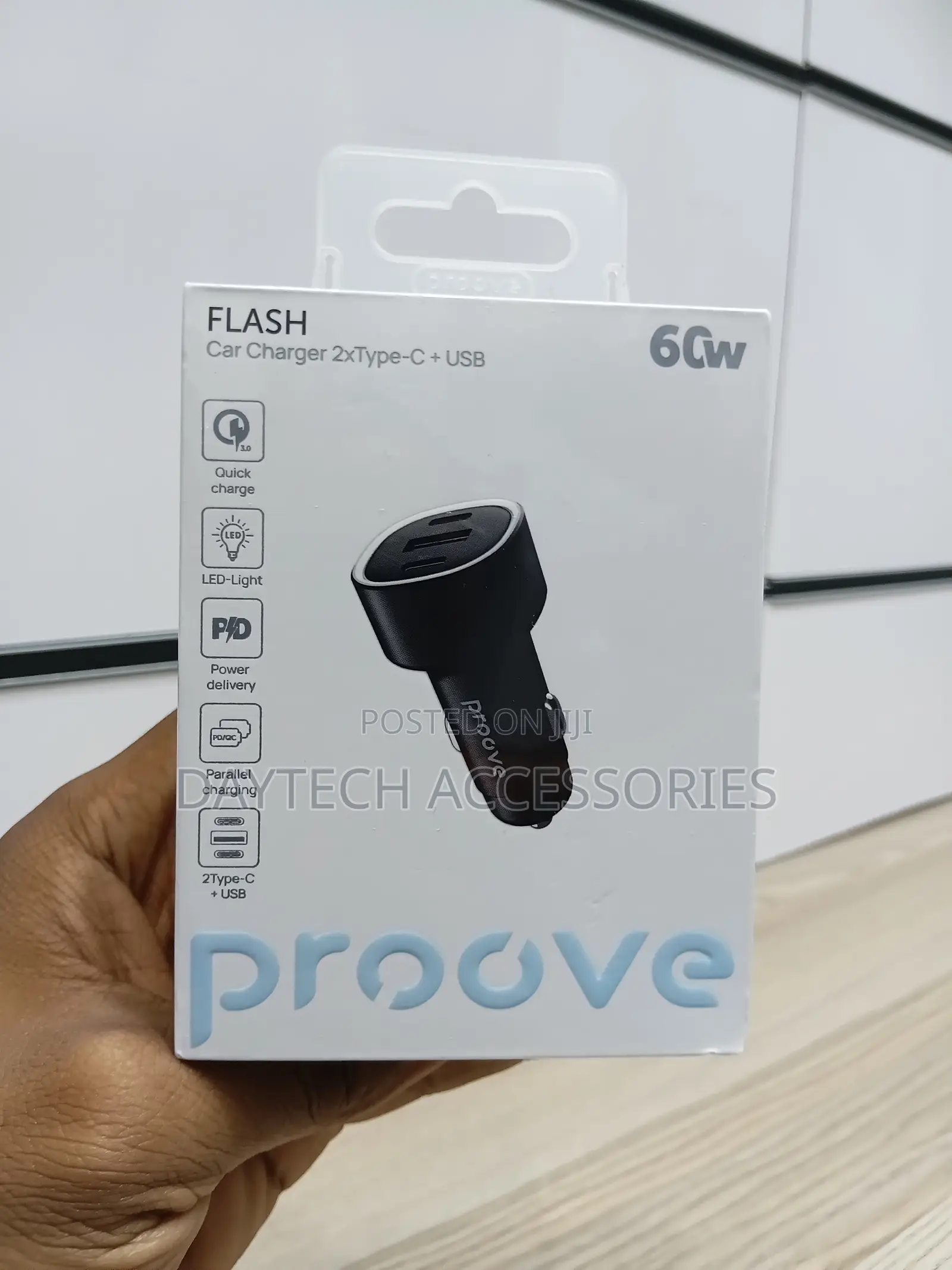 Proove Flash 60W Car Charger in Black Type-C Ports and One USB Port.