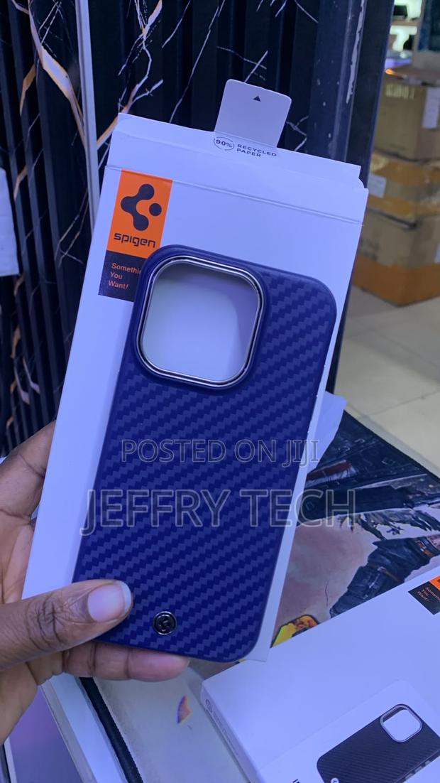 Dark Blue Carbon-Texture MagSafe Phone Case by Spigen iPhone 15 Pro