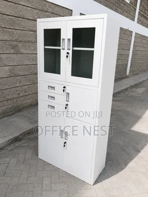 Metal Office Storage Cabinet With Glass Doors Lockable Drawers