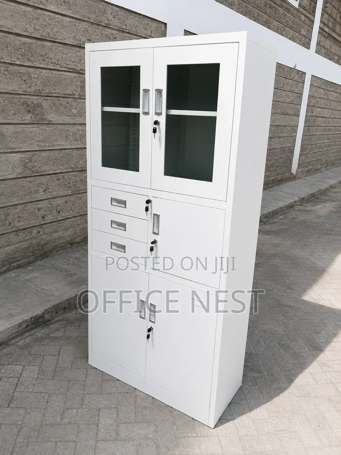 Metal Office Storage Cabinet With Glass Doors Lockable Drawers