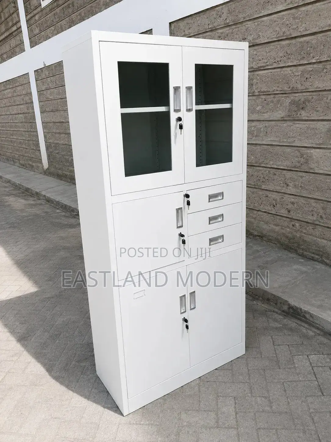 Metal Office Storage Cabinet With Glass Doors Lockable Drawers