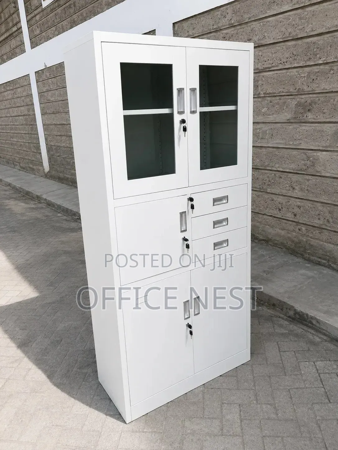 Metal Office Storage Cabinet With Glass Doors Lockable Drawers