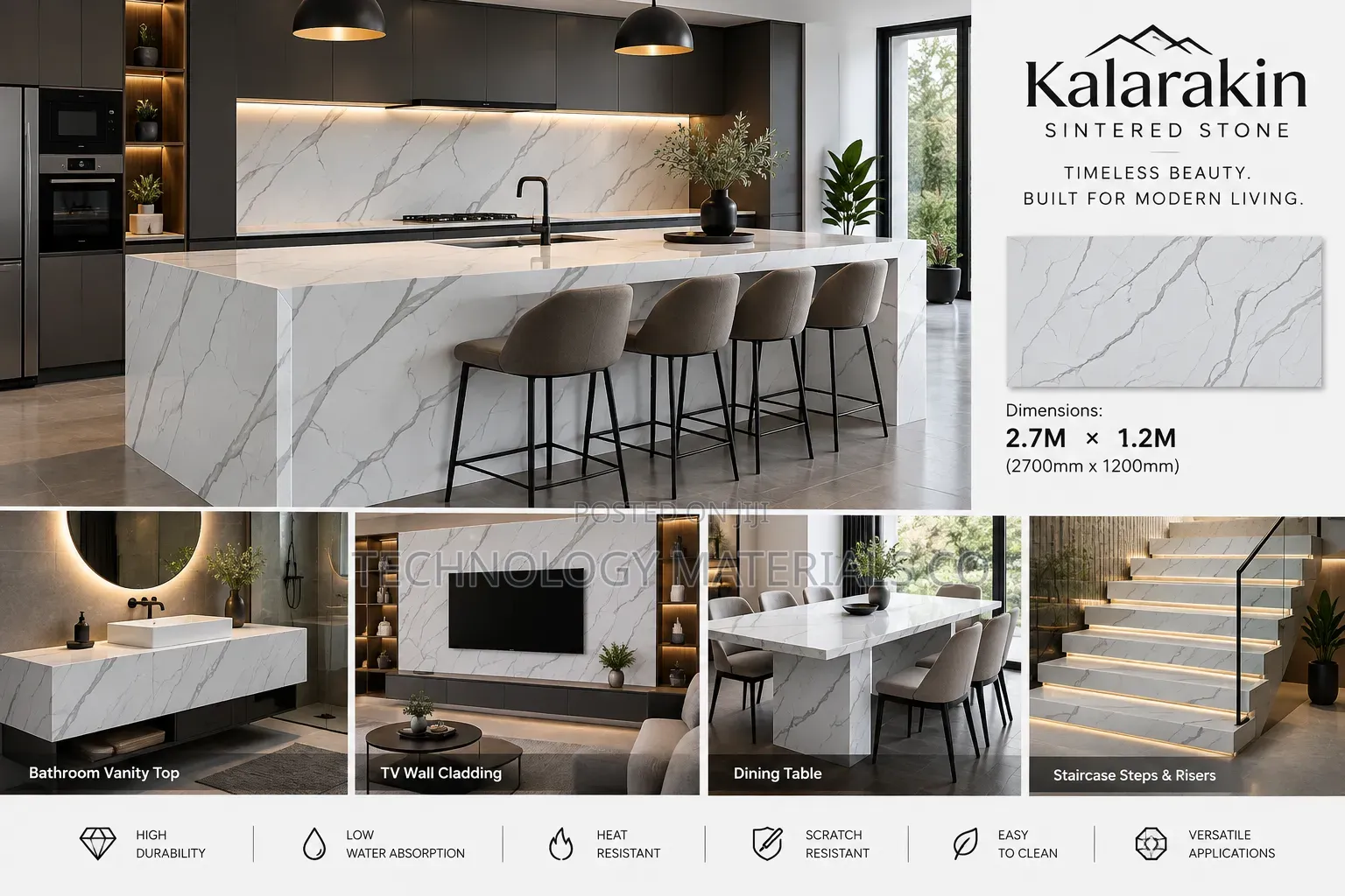 Kalarakin Sintered Stone Slab 2.7M × 1.2M | Premium Marble Finish