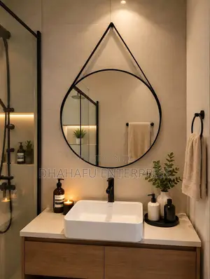 Minimalist Nordic Round Wall Mirror With Leather Strap – 60cm (Black)”