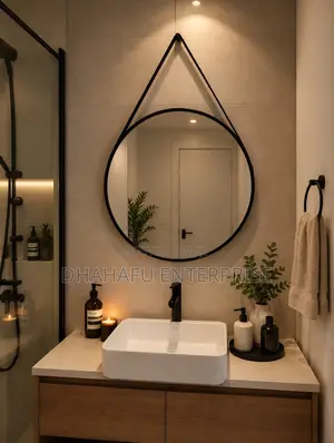 Minimalist Nordic Round Wall Mirror With Leather Strap – 60cm (Black)”