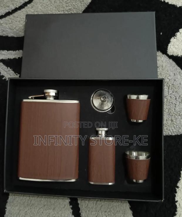 Brown Leather-Covered Whiskey Flasks Gift Set - main view