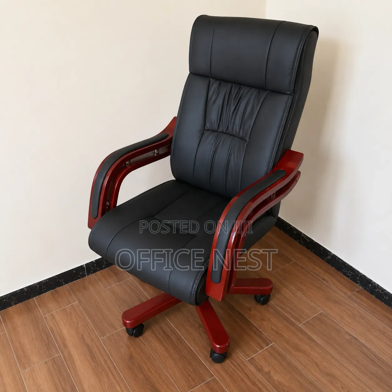 High Back Leather Managerial Chair With Wooden Arms