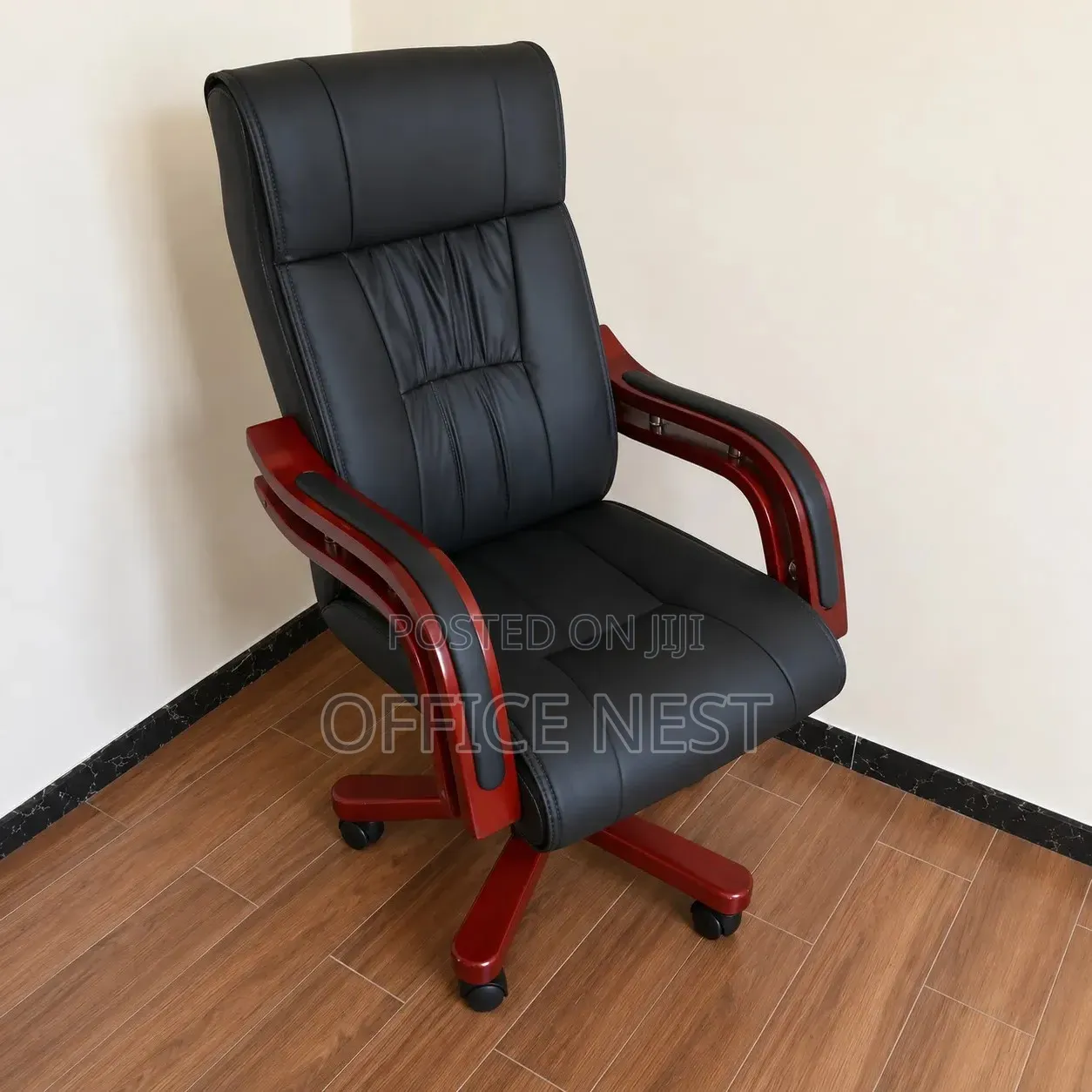 High Back Leather Managerial Chair With Wooden Arms