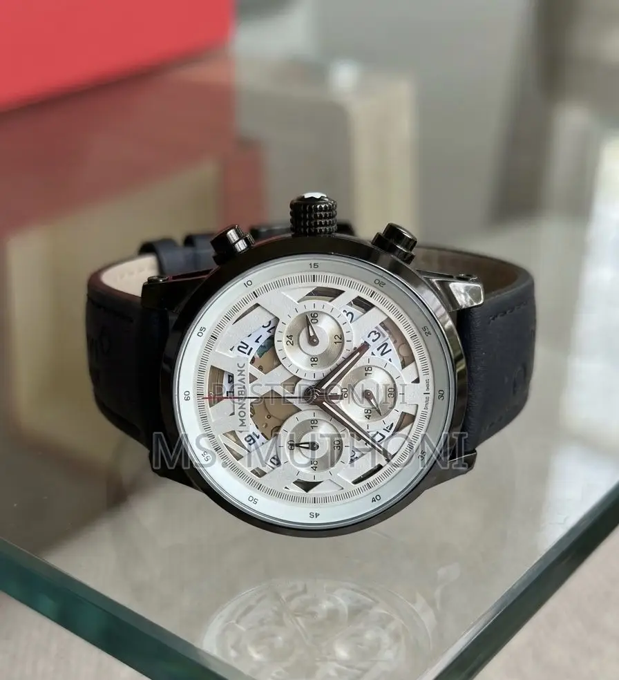 Black Genuine Leather Montblanc Gents Chronograph Skeleton Watch