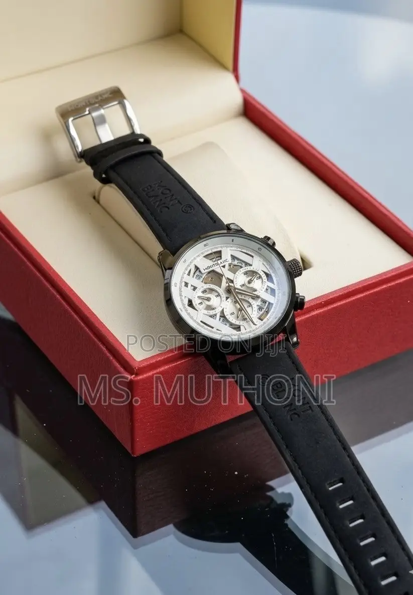 Black Genuine Leather Montblanc Gents Chronograph Skeleton Watch