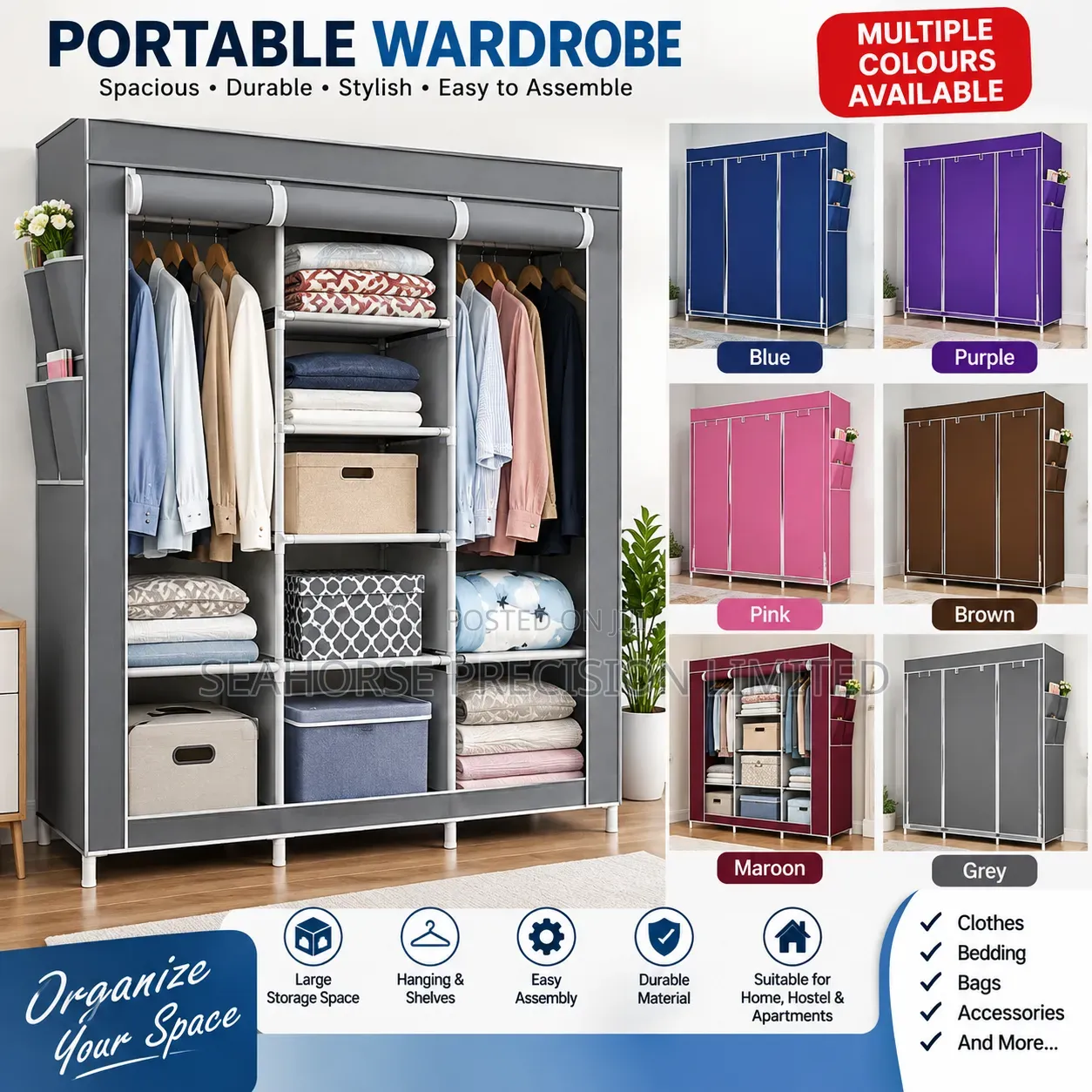 Portable 3-Column Wardrobe – Multi-Colour