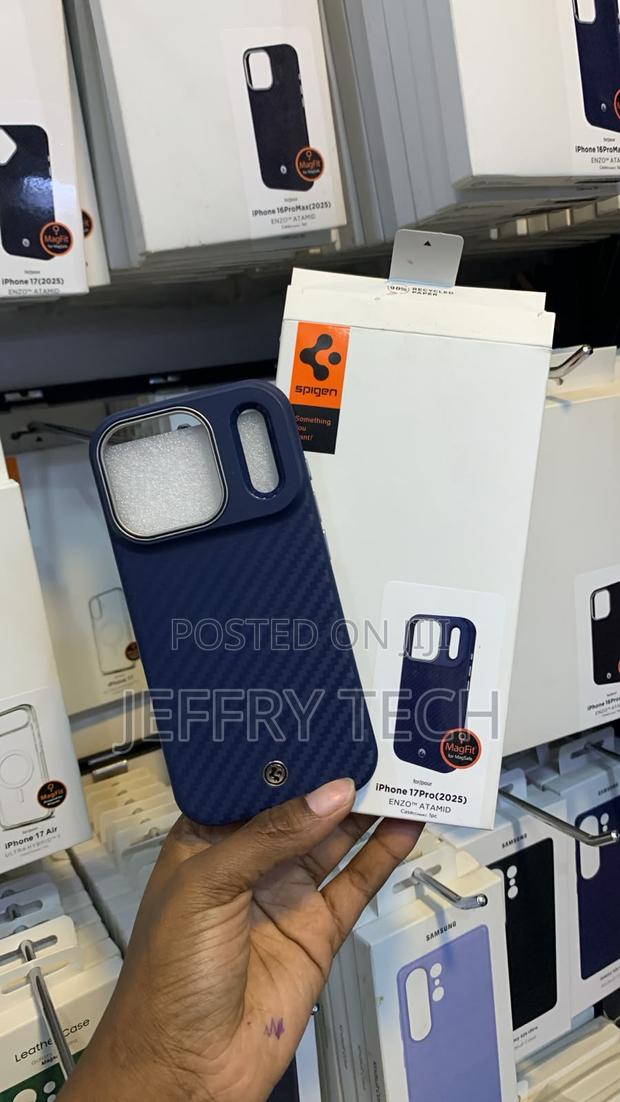 Blue Spigen Aramid MagFit Carbon Case Designed for the iPhone 17 Pro