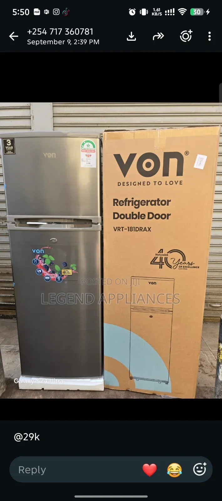 Von 118l Refrigerator With Double Door