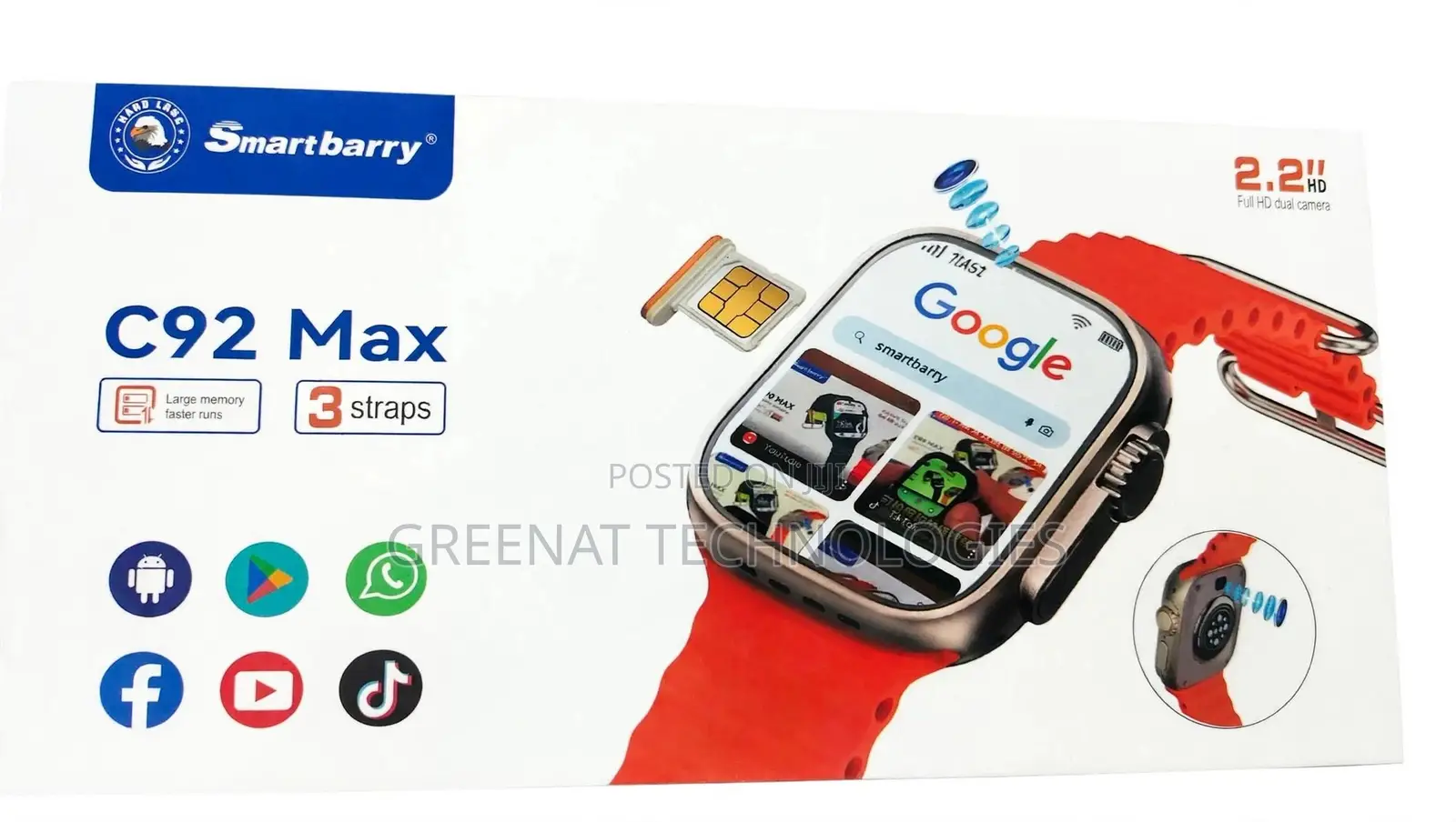 Smart Barry C92 Max Smart Watch SIM Card Android 3 Straps Dual Camera