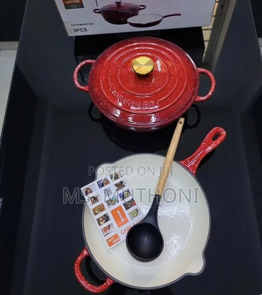 Fry , Sear , Bake Red Small Family Cast Iron Set
