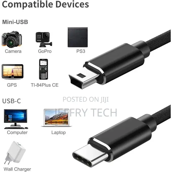 1M Braided USB C to Mini 5-Pin Charging Cord, Supports OTG Sync Data