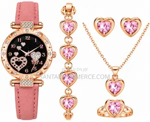 4 Piece Women Black Heart Rose Gold Watch Bracelet Necklace Earrings