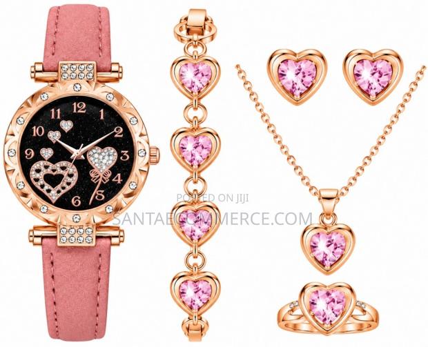 4 Piece Women Black Heart Rose Gold Watch Bracelet Necklace Earrings