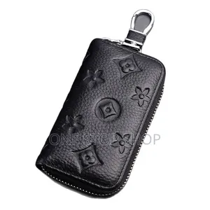 Black Pebbled Leather Zipper Key Pouch Metal Clip