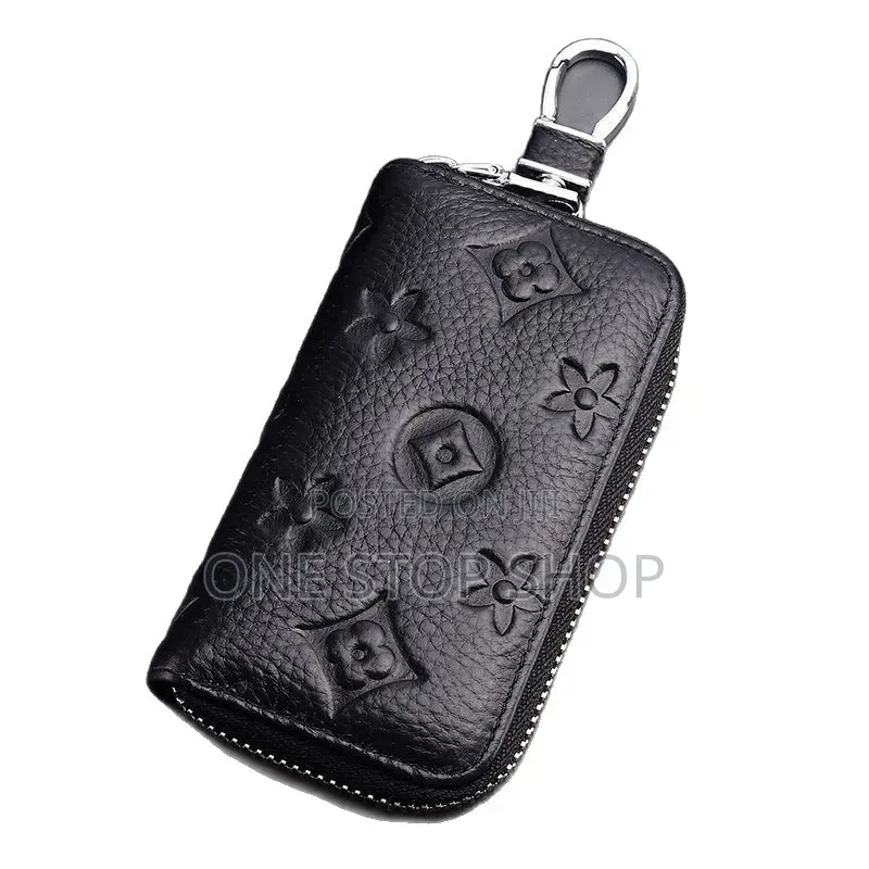 Black Pebbled Leather Zipper Key Pouch Metal Clip