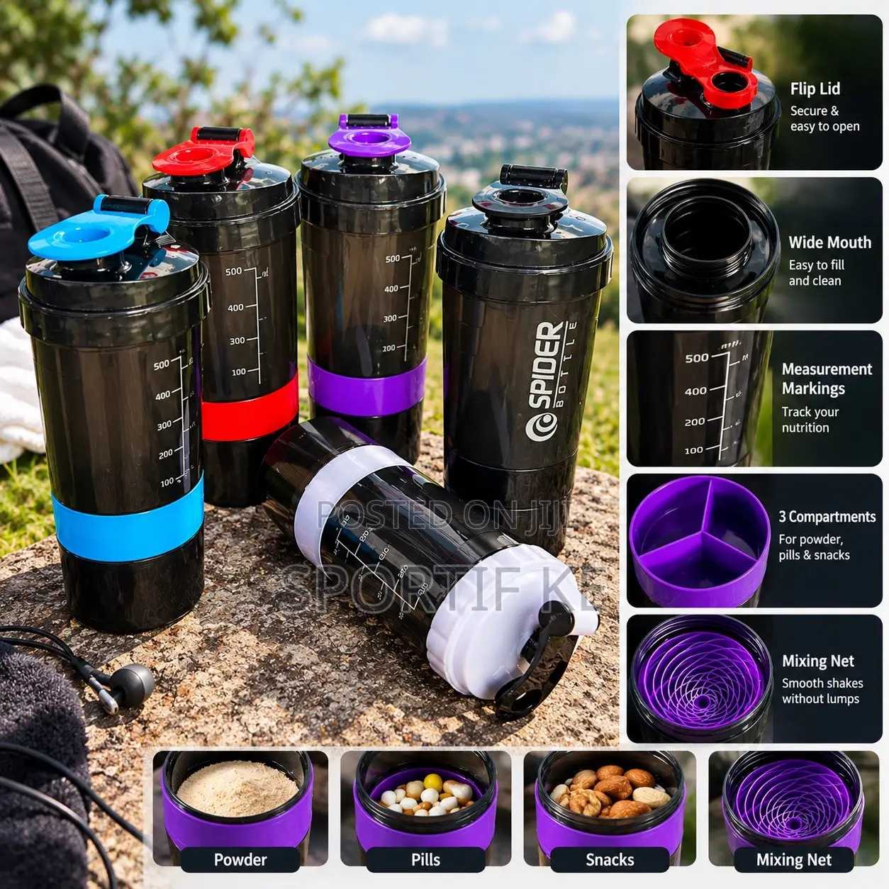500ml Plastic Protein Shaker Bottle 3-Layer