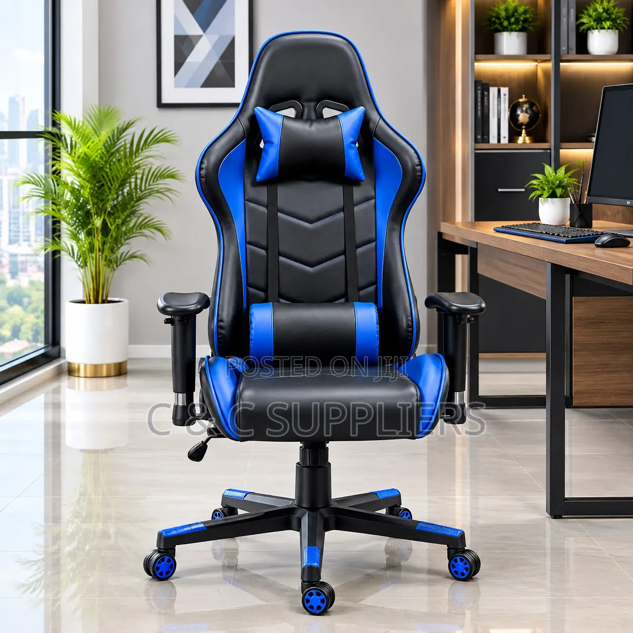 Ergonomic Leather Gaming Desk Chair-Blue