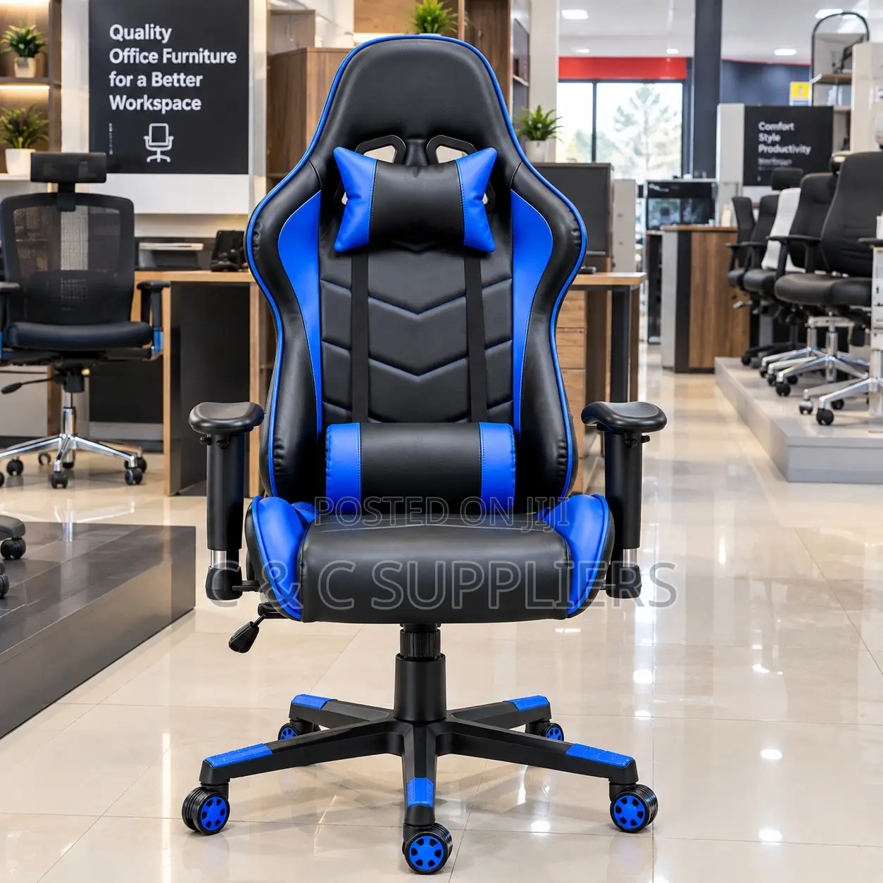 Ergonomic Leather Gaming Desk Chair-Blue