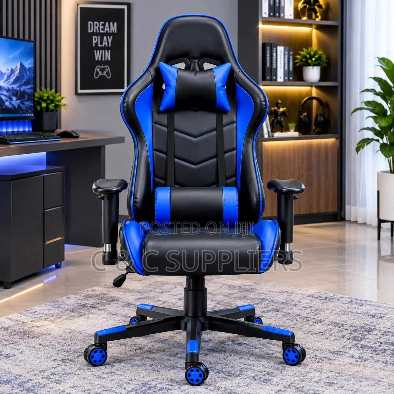 Ergonomic Leather Gaming Desk Chair-Blue