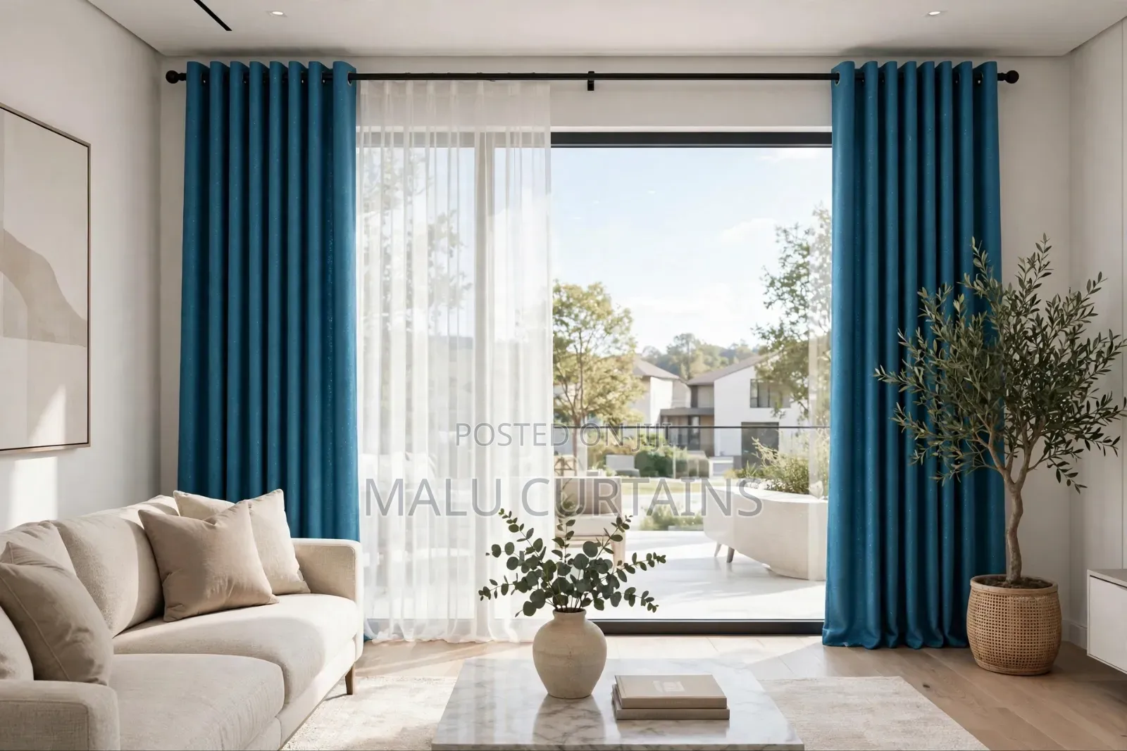 Turquoise Blue Heavy Curtains With Sheer Morden Living Room at /=1600